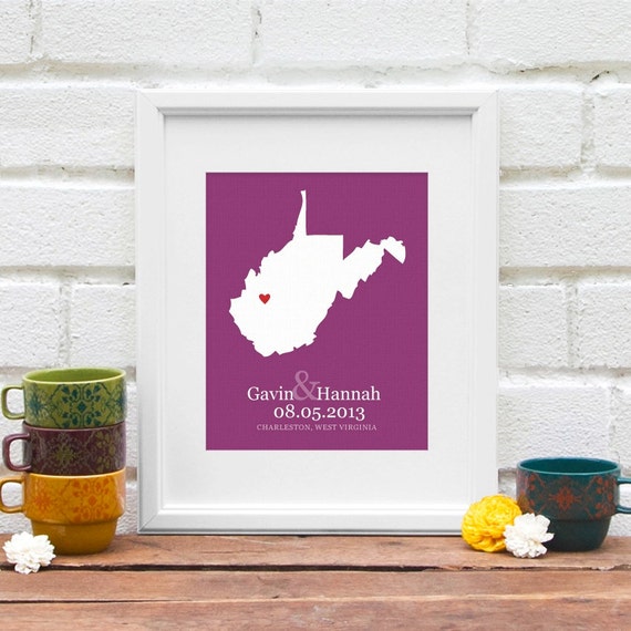 Wedding Gift, Personalized West Virginia State Map 8x10 Art Print ...