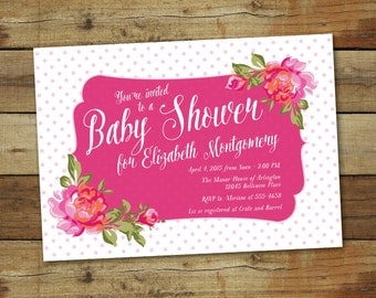 Baby Shower Invitation, Vintage rose baby Shower Invite, elegant invitation with pink polka dots, baby girl