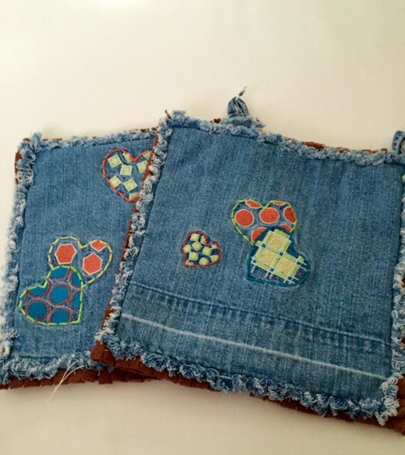 Recycled Denim Pot Holders by jeanoligy on Etsy
