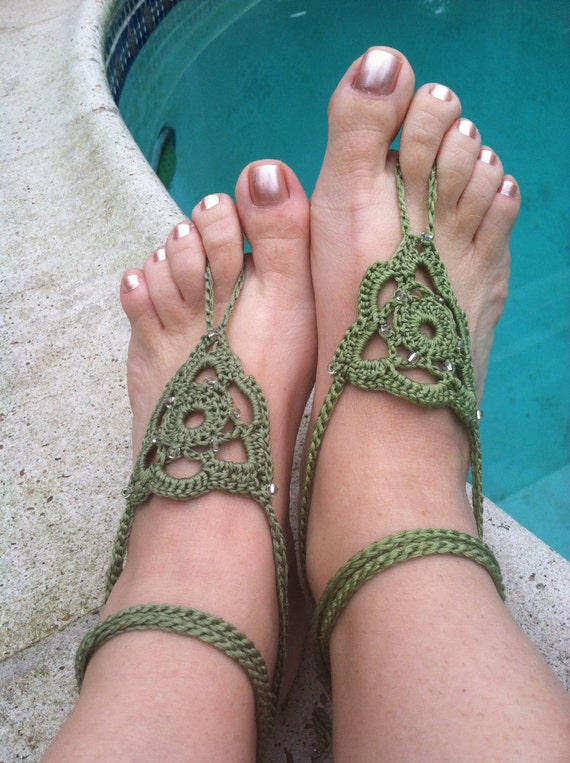 Crocheted Barefoot Sandals Olive Green Flower By Thebloomingpot