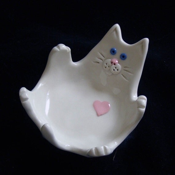 White Ceramic Cat Dish with heart by catfishcorner on Etsy