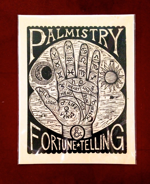 Occult Art Palm Reading Chart Woodcut Print Hand Printed