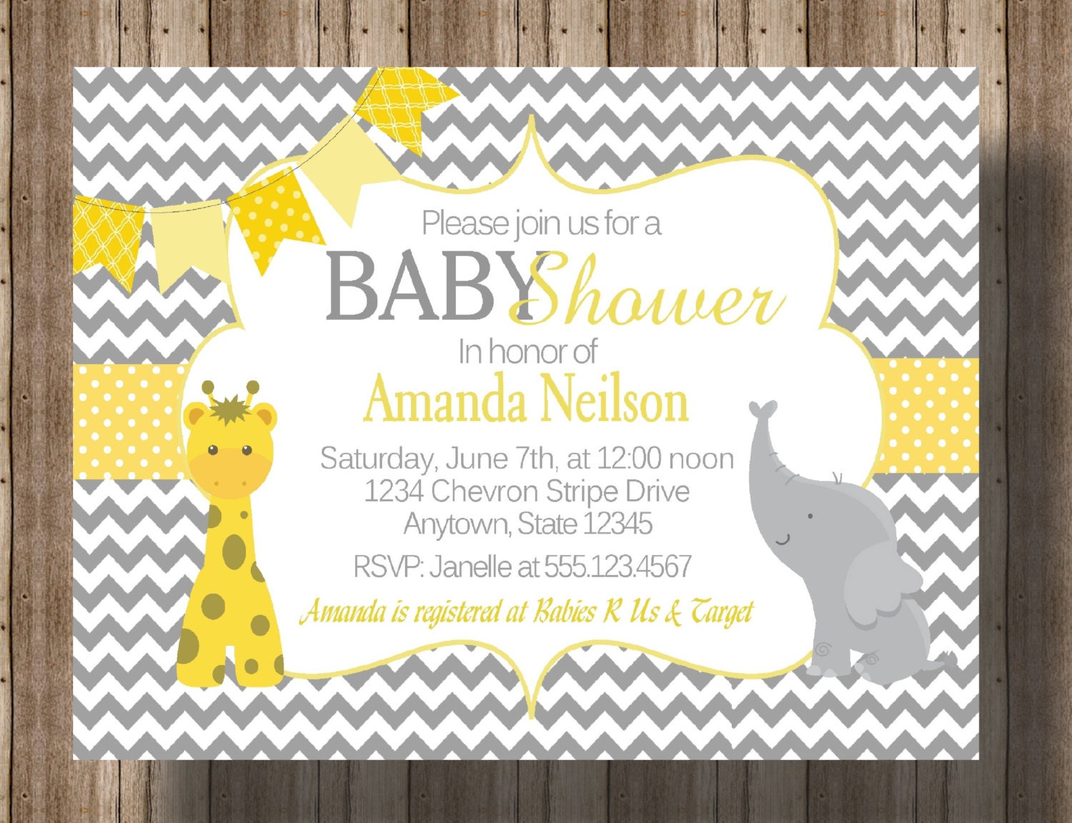 BABY SHOWER INVITATION Chevron Yellow and Gray Elephant and