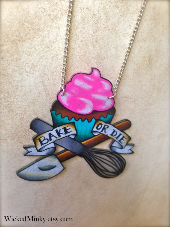 tattoo style cupcake and baking tools necklace bright hot pink