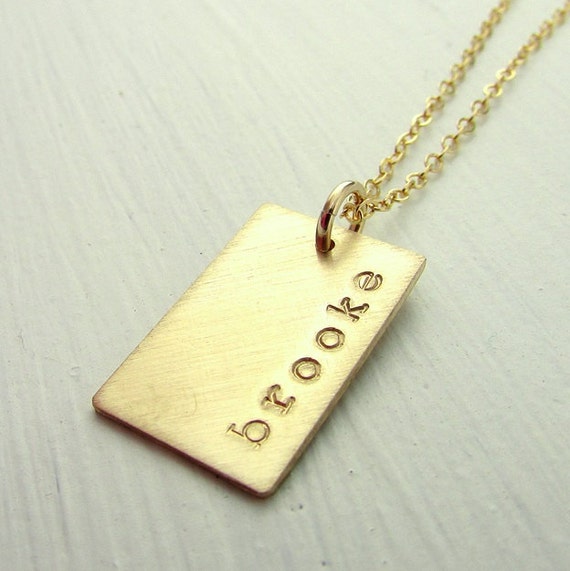 Gold Dog Tag Necklace - Personalized Name Charm - Hand Stamped - Custom - E. Ria Designs