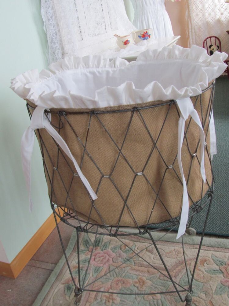 Vintage Wire French Laundry Hamper Liner Burlap by PerfectPieLady