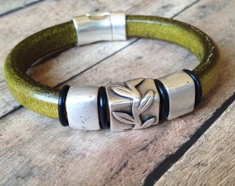 Silver Vine Thick Olive Green Leather Bracelet W Magnetic Clasp