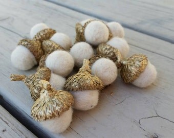 Gold Metallic Felted Acorns in Winter White Holiday Decor Home and Living