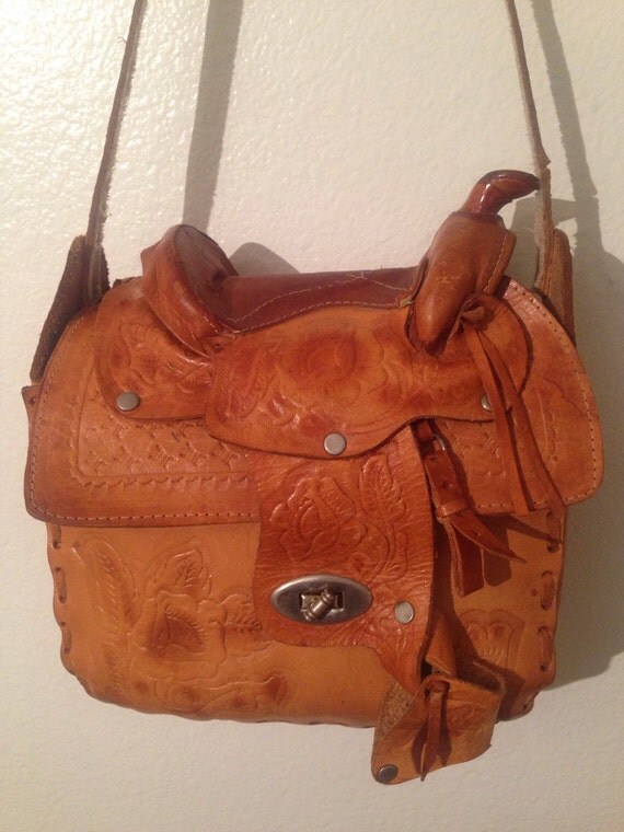 Vintage western brown tooled leather purse horse saddle bag