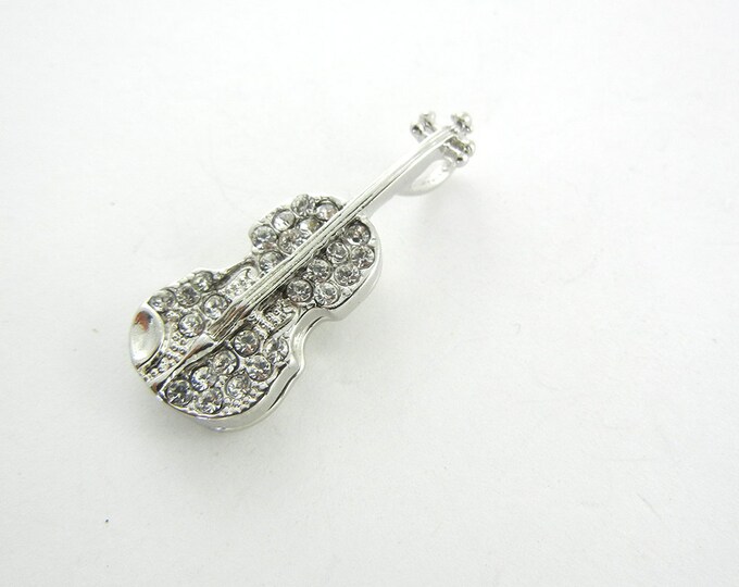 Dimensional Silver-tone Rhinestone Violin Pendant