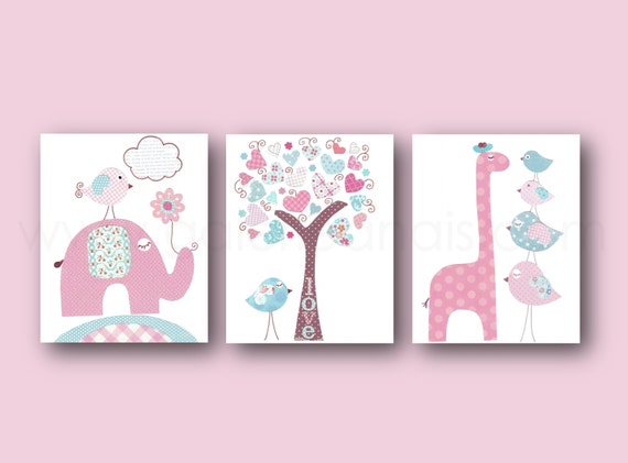 Pink blue Nursery art Baby girl nursery decor kids art giraffe nursery elephant nursery Birds Tree Set of three prints by GalerieAnais