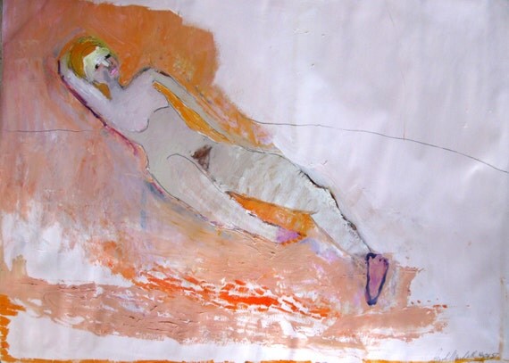 Nude Reclining Original oil and acrylic painting on paper