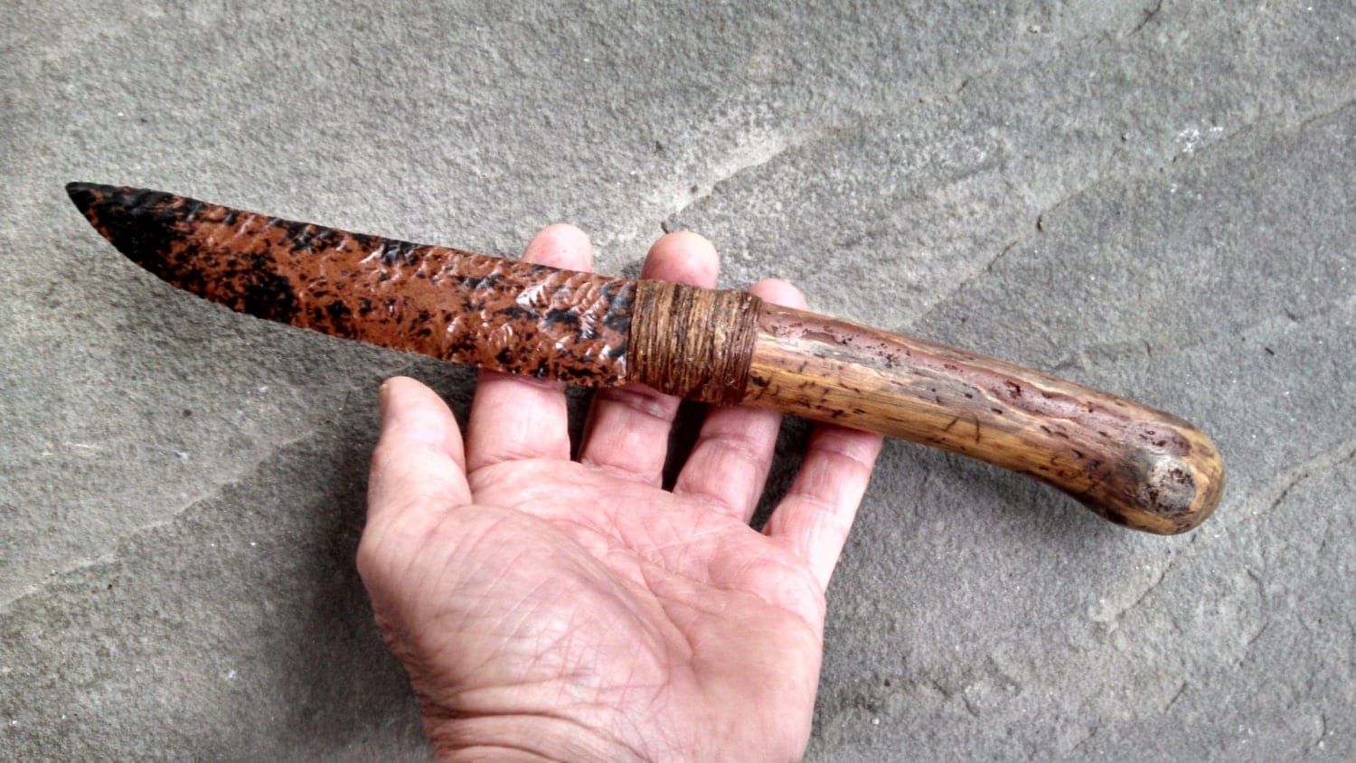 Stone Age Knife Replica Mahogany Obsidian Blade hafted to