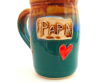 Father's Day Handmade Pottery Mug Papa teal READY TO SHIP ceramics and pottery Jewel Pottery