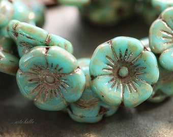 BLOOMING TURQUOISE .. 15 Premium Picasso Czech Glass Flower Button Beads 12mm (4205-15)