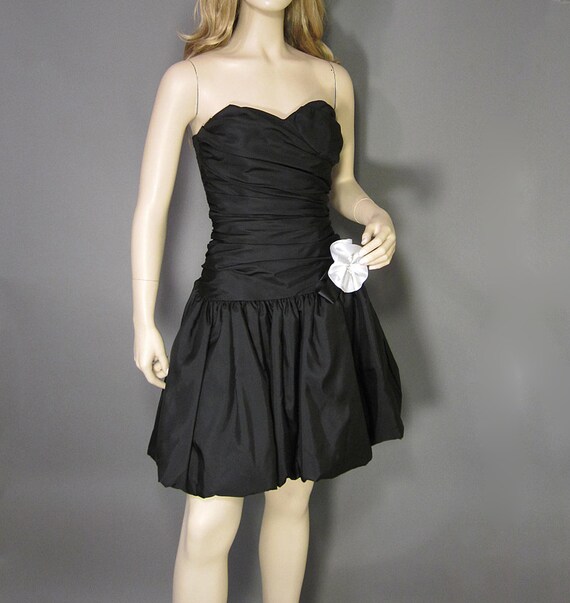 Vintage Dress 80s Strapless Black Taffeta Bubble Skirt White