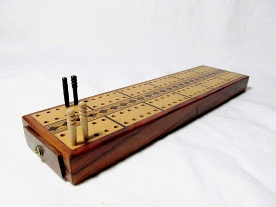 Inlaid Wooden Cribbage Score Board with Hidden by pollygolightly