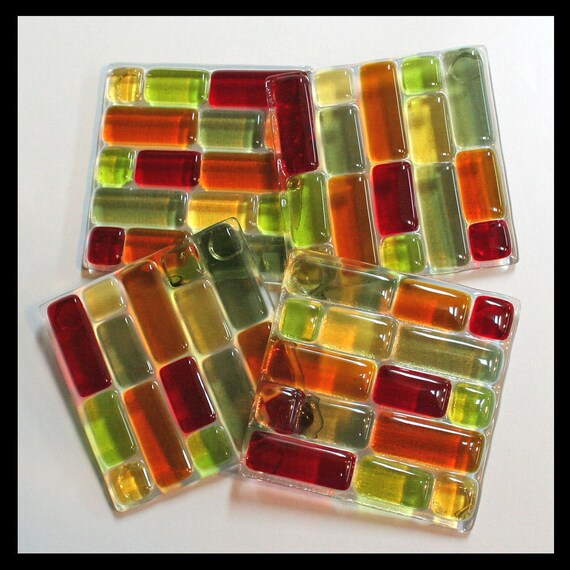 Items similar to Glassworks Northwest Set of 4 Fused Glass Coasters Tile Pattern Earth on Etsy