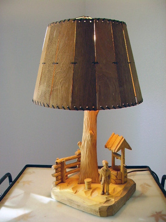 P E Caron Hand Carved Wood Folk Art Table Lamp by CatieCatVintage