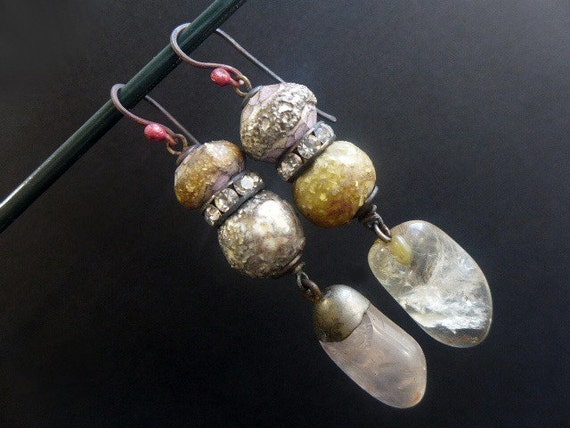 The Lover. Rustic assemblage earrings with rose quartz, art beads in shades of white.