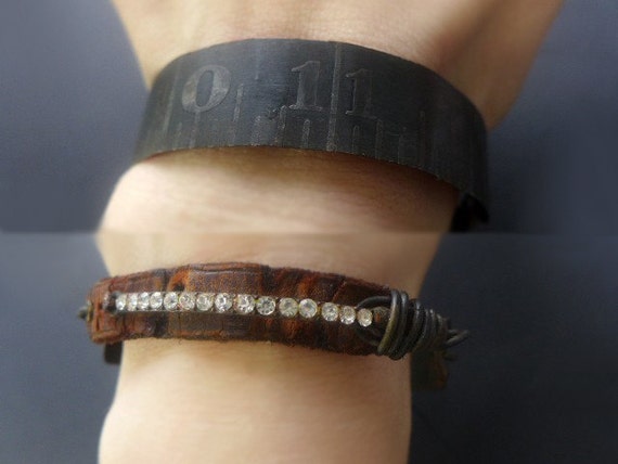 Measure of Darkness. Rustic assemblage bracelet with steel ruler and rhinestones.