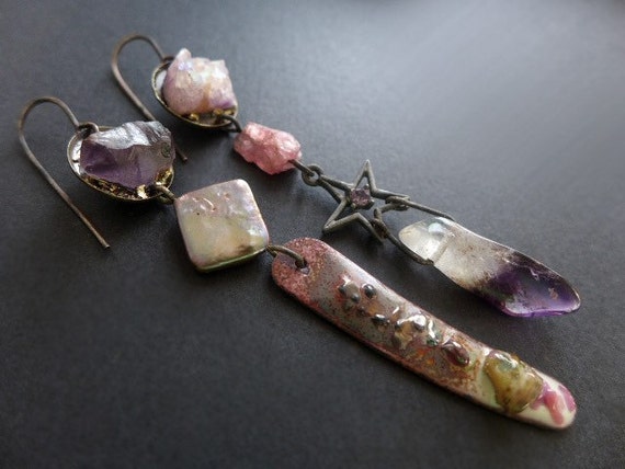 Dulcinea. Rustic assemblage asymmetrical earrings in violet, lilac and pink with amethyst, pearl, ruby. 