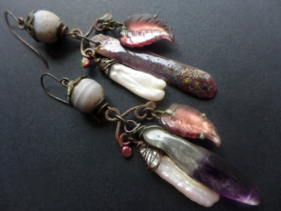 Komorebi. Long rustic assemblage earrings in purple.
