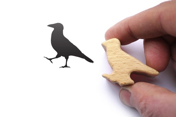 Happy Raven Crow Bird Stamp - Rubber Stamp with Wood