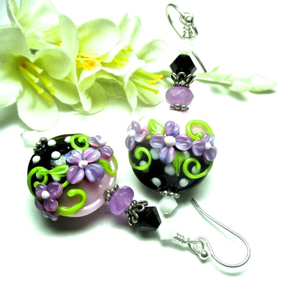 Purple Earrings Pink Earrings Lampwork Earrings Floral