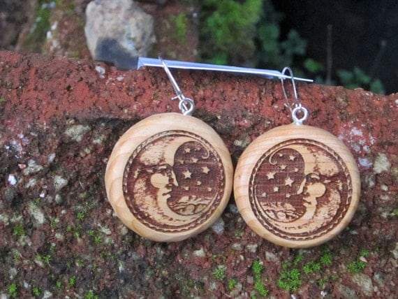 Wood Earrings- Man in the Moon and Stars (028) Boho Natural Earrings