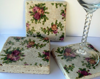 Coasters Old Country Rose Shabby Style Chic Natural Stone Tile 4x4 Drink Coaster Set of 4