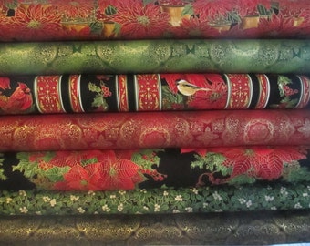Metallic Gold Christmas Half Yard Fabric Bundle - Poinsettia Red Green Black