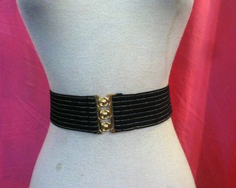 50s BLACK w/ GOLD Cinch Stretch Belt 1950s Sz 28 To 34 Waist
