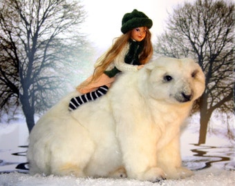 Needle Felted OOAK Fiber Artist Design Polar Bear and Lyra Child from the Golden Compass Searching for a Friend TBAI Gallery Award Winner