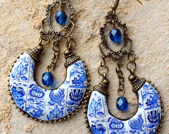 Ethnic Bohemian Gypsy Persian EARRINGs Portugal Antique Azulejo Tile Replica CHANDELIER - COIMBRA 1690 - 1775 BLUE , Delft, Boho Hippie