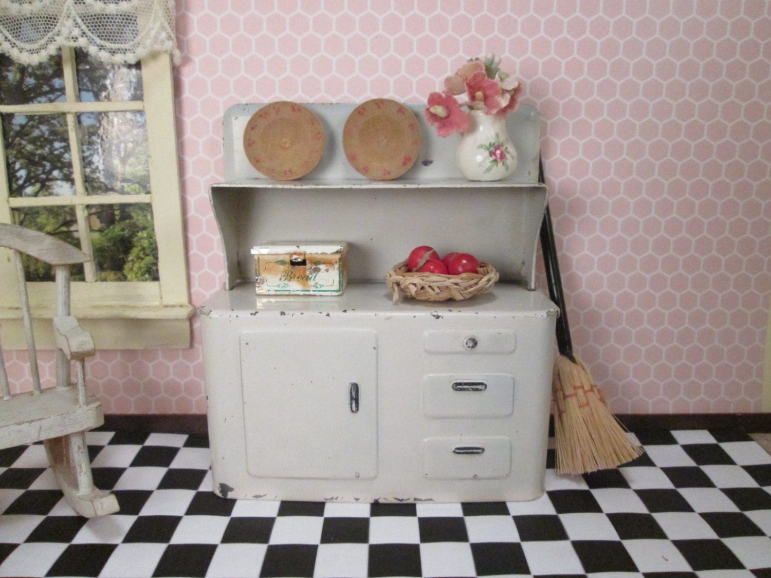 Vintage Doll House Furniture Metal Kitchen Hutch Cupboard Marx 1940
