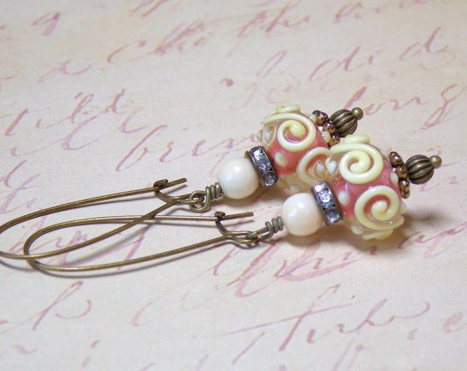 Ivory Swirl Earrings, Pink Lampwork Earrings,Ivory And Pink Earrings, Rhinestones Antique Brass Czech Beaded Earrings