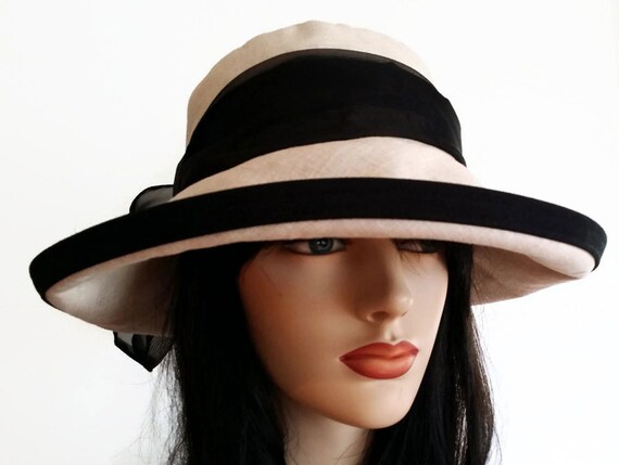 Scarlett Sun Hat - Big Brim in Natural Linen with long black semi sheer removable scarf - il_570xN.755426051_7wla