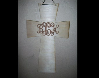 Unfinished Wood 3 Letter Engraved Vine Monogram Cross 17.5 inch tall