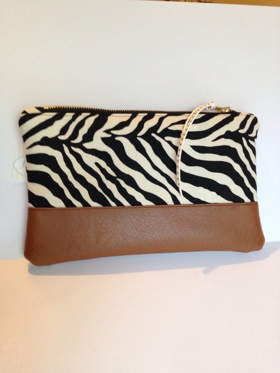 Clutch zebra print with brown faux leather