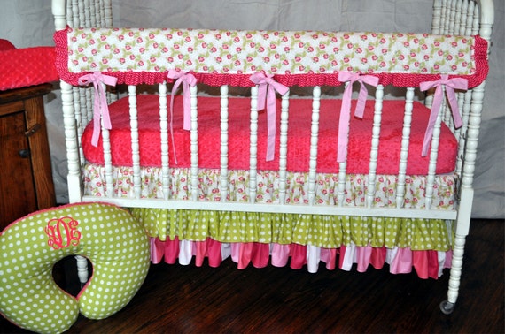 Shabby Chic Ambleside Reversible Crib Rail Cover, Ruffle Crib Skirt, and Crib Sheet - Girl Nursery Bedding Set