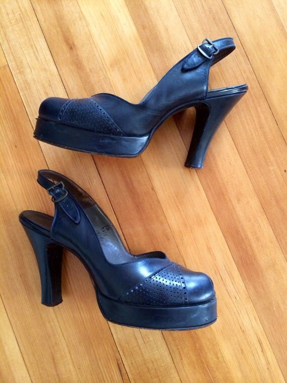 1940s Platform Heels 40s Vintage Shoes Navy Blue Leather