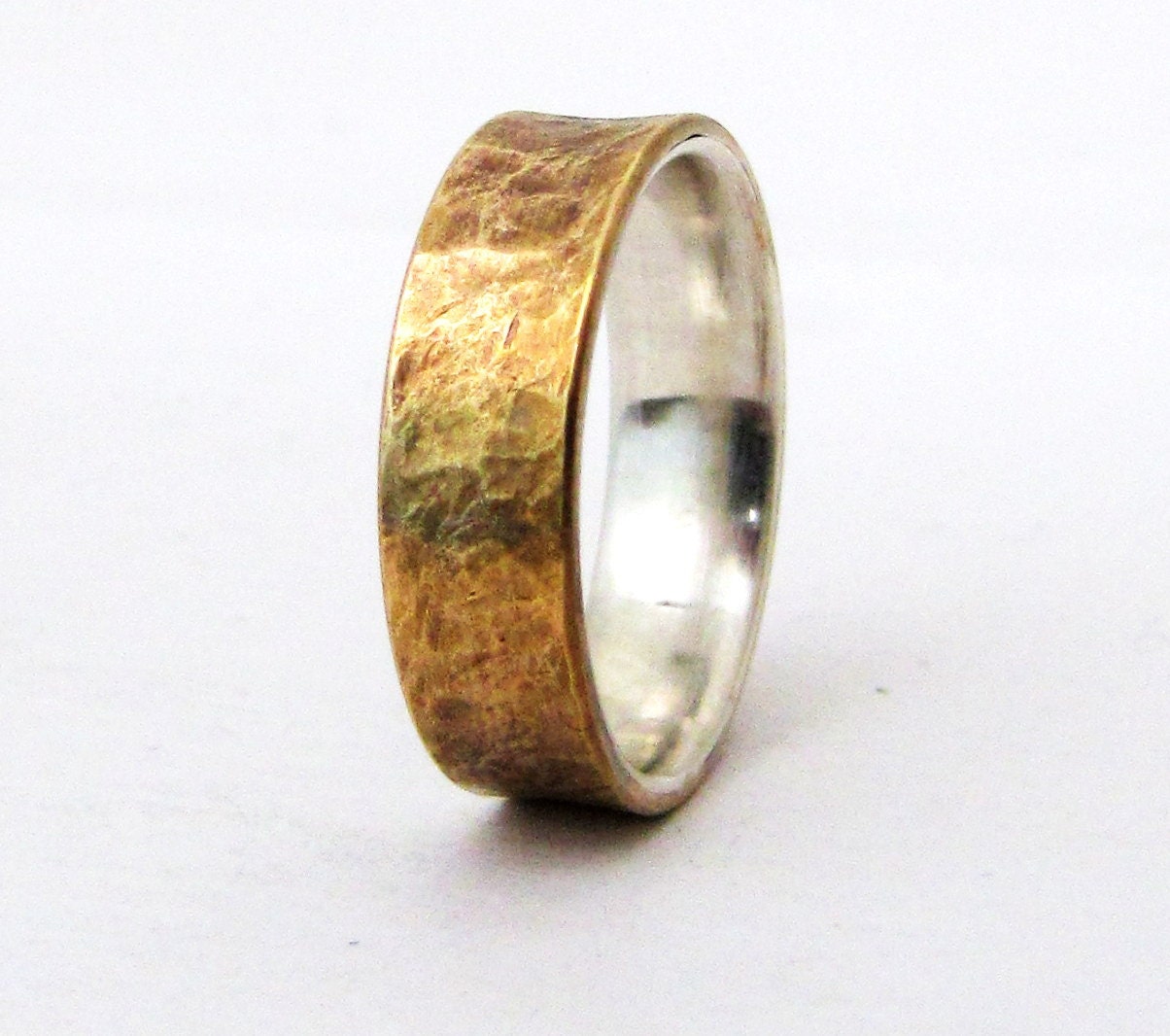 Brass Distressed Ring Silver Liner Rustic Wedding Band Mens