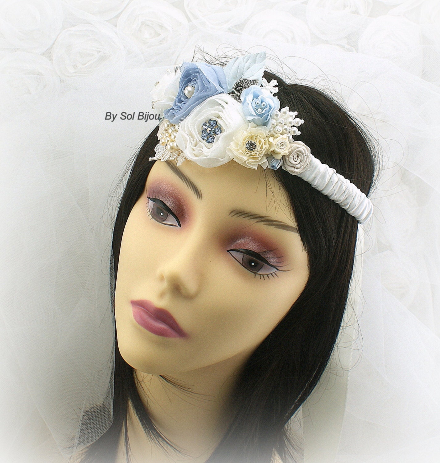 headband crown blue light blue ivory silver bridal headband crown blue light blue ivory silver bridal