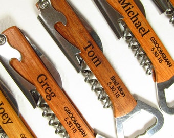 4 Personalized Groomsmen Bottle Opener Corkscrew Engraved Wine Key Groomsman Bridesmaid Engraved Custom Groomsman Wedding Gifts Multi Line