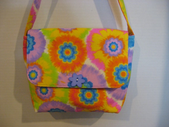 ON SALE Girls Messenger Style Purse, Tie Dye Flowers, Ready to Ship