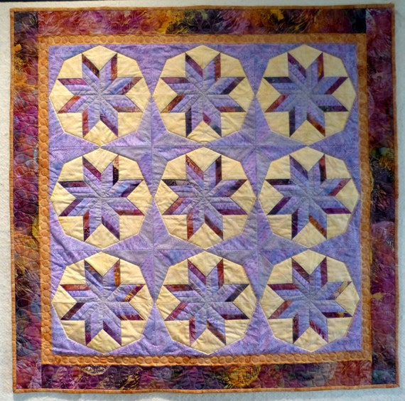 batik star purple brown Wall hanging quilt