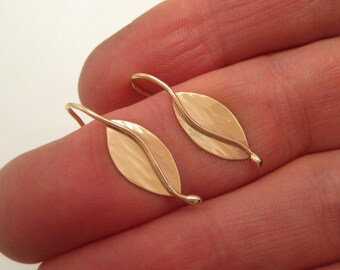 14kt Gold Split Leaf Earrings - Small Gold Earrings - Gold Botanical Earrings - Solid 14kt Gold - Hammered Leaf Dangles - 14K Gold Earrings