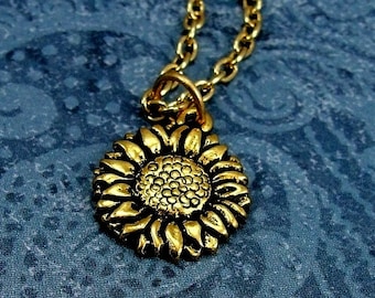 Sunflower Necklace, Gold Sunflower Charm on a Gold Cable Chain