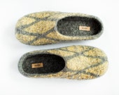 Men felted slippers grey home shoes citrone yellow wool clogs checkered dady slippers eco friendly house shoes - ready to ship